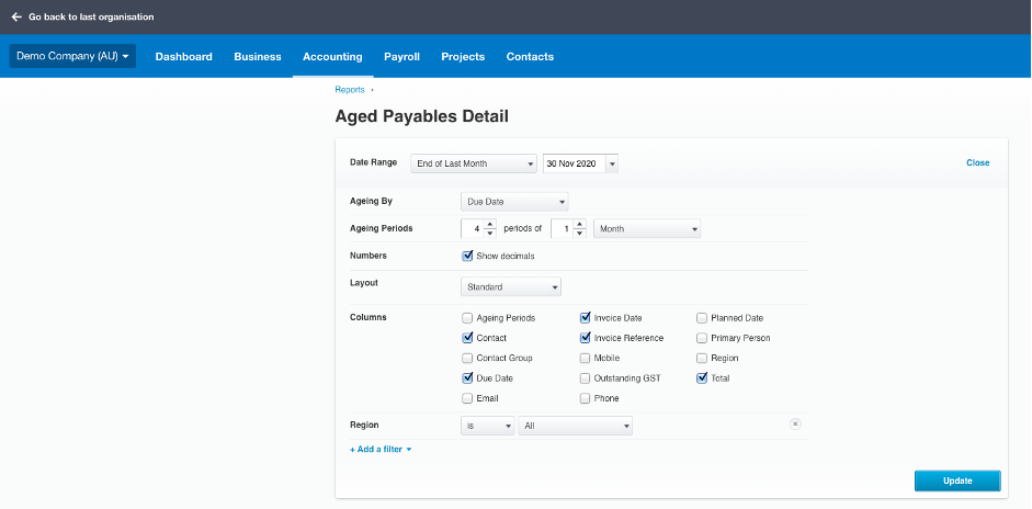 xero aged payables detail screen with previous list items checked