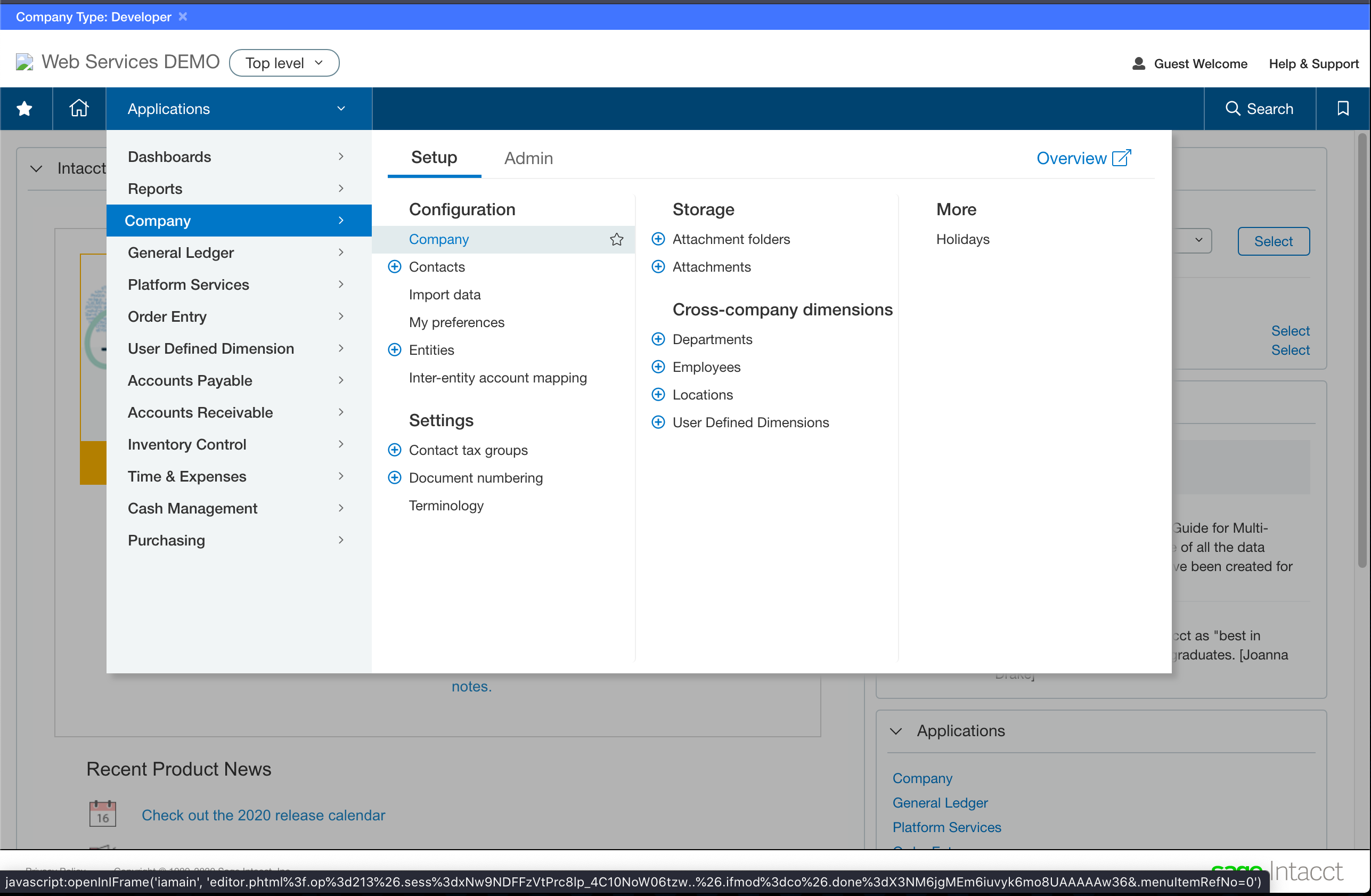 applications intacct au menu de configuration de l'entreprise ouvert