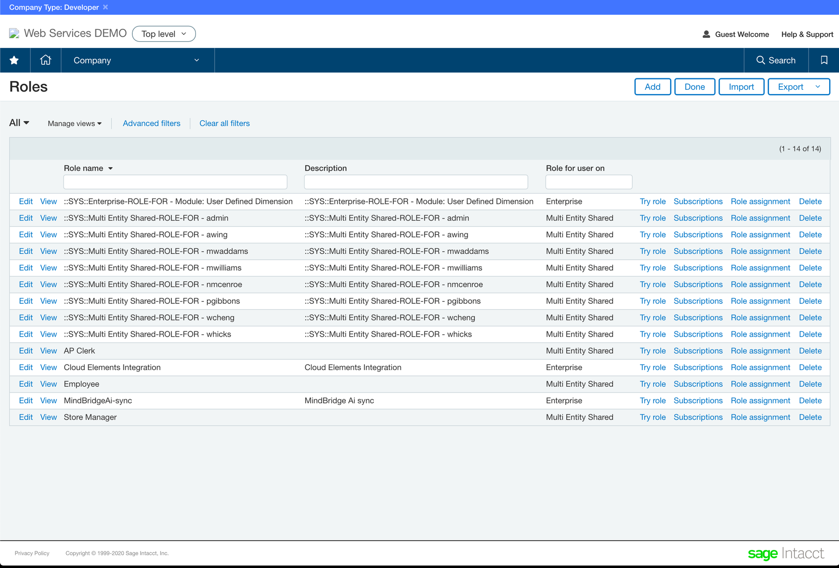 écran des rôles intacct