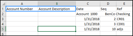 création de colonnes dans excel étiquetées numéro de compte et description de compte