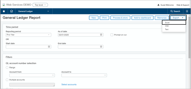 intacct general ledger report export option set to excel