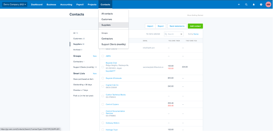 xero contacts menu open with suppliers highlighted