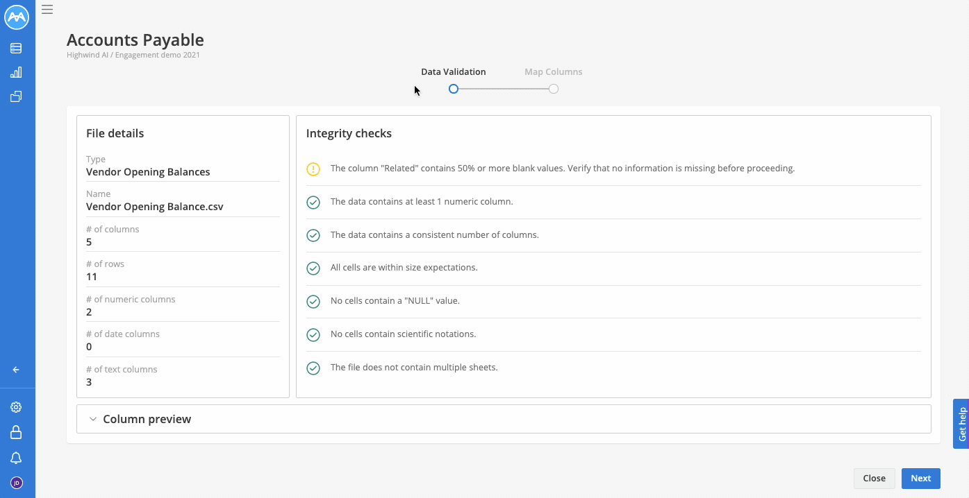account payable column preview in Mindbridge